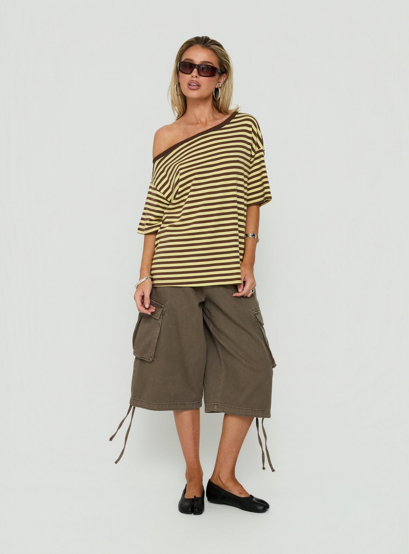 Settle Down One Shoulder Top Yellow / Chocolate Stripe