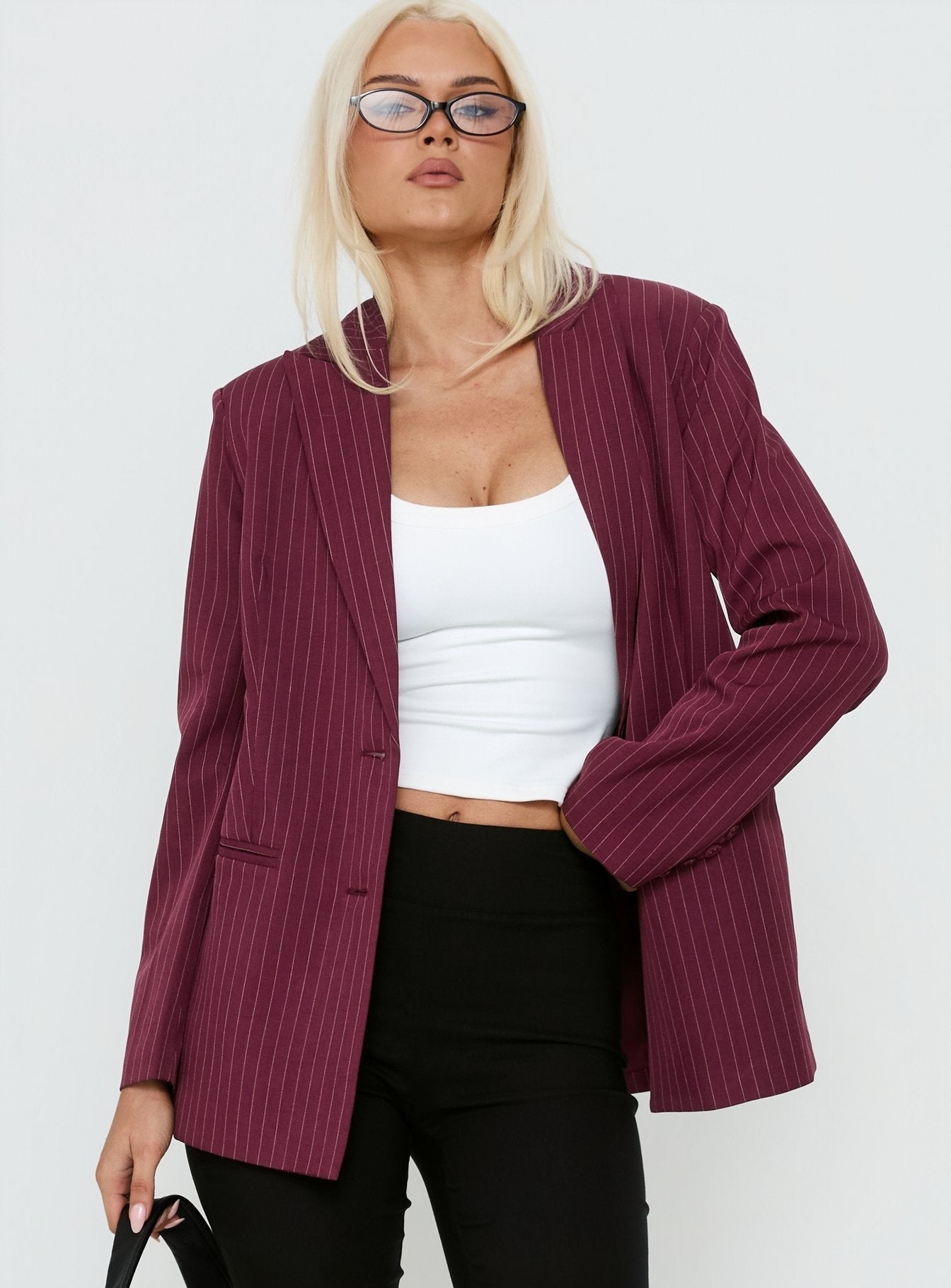 Crowd Pleaser Pinstripe Oversized Blazer Burgundy Pinstripe