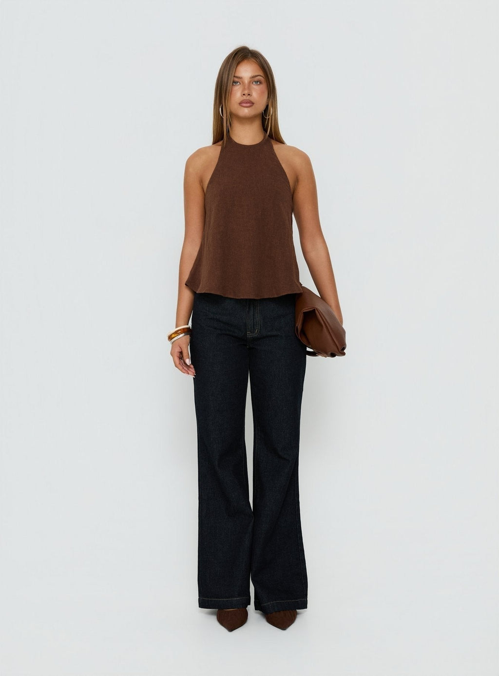 Aquaria Halter Linen Blend Top Chocolate
