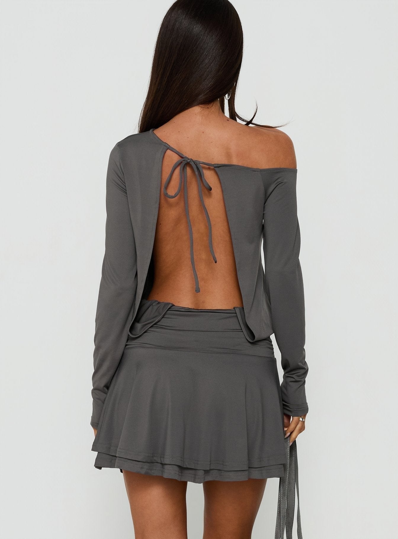 Alyma Tie Back Off Shoulder Mini Dress Charcoal