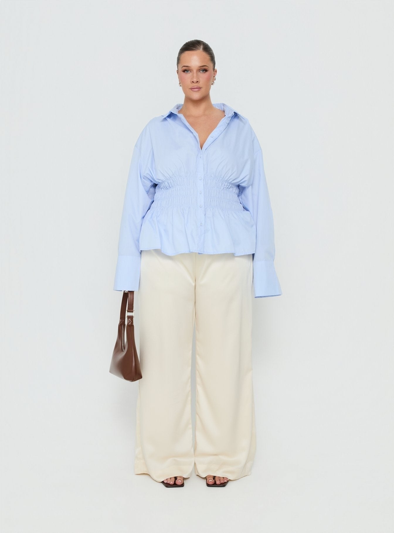 As You Are Shirred Button Up Top Soft Blue Curve