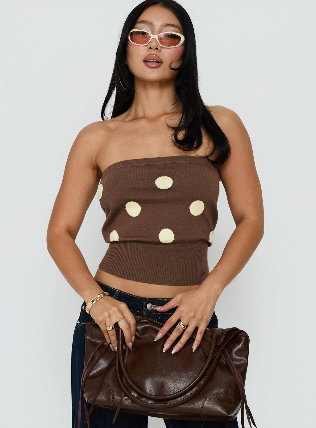 Tahlie Cinched Strapless Knit Top Brown Polka Dot