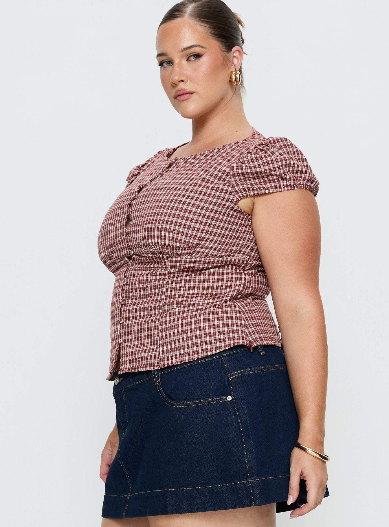 Alixandra Puff Sleeve Blouse Top Red Check Curve