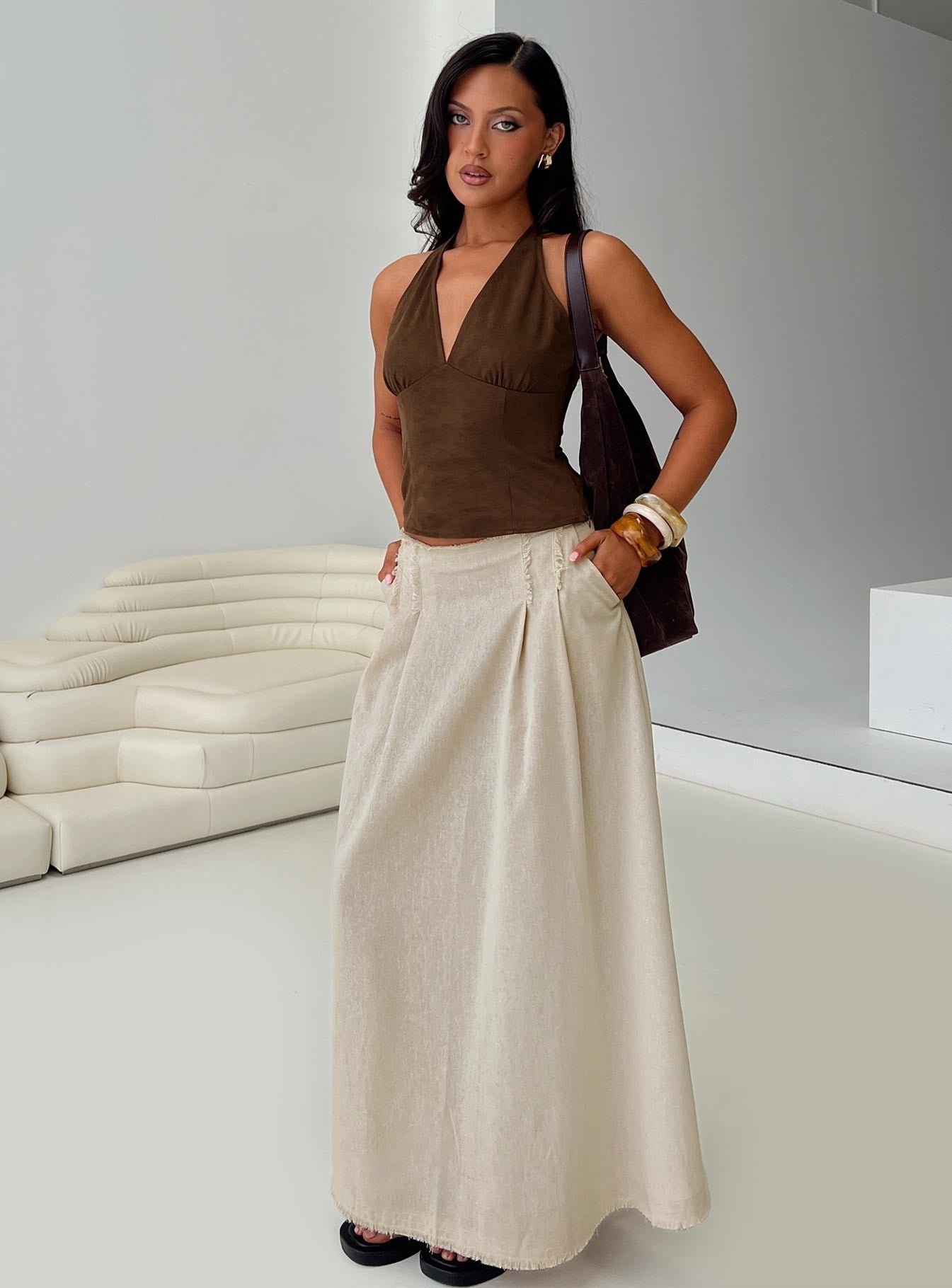 Richness Faux Suede Halter Top Brown