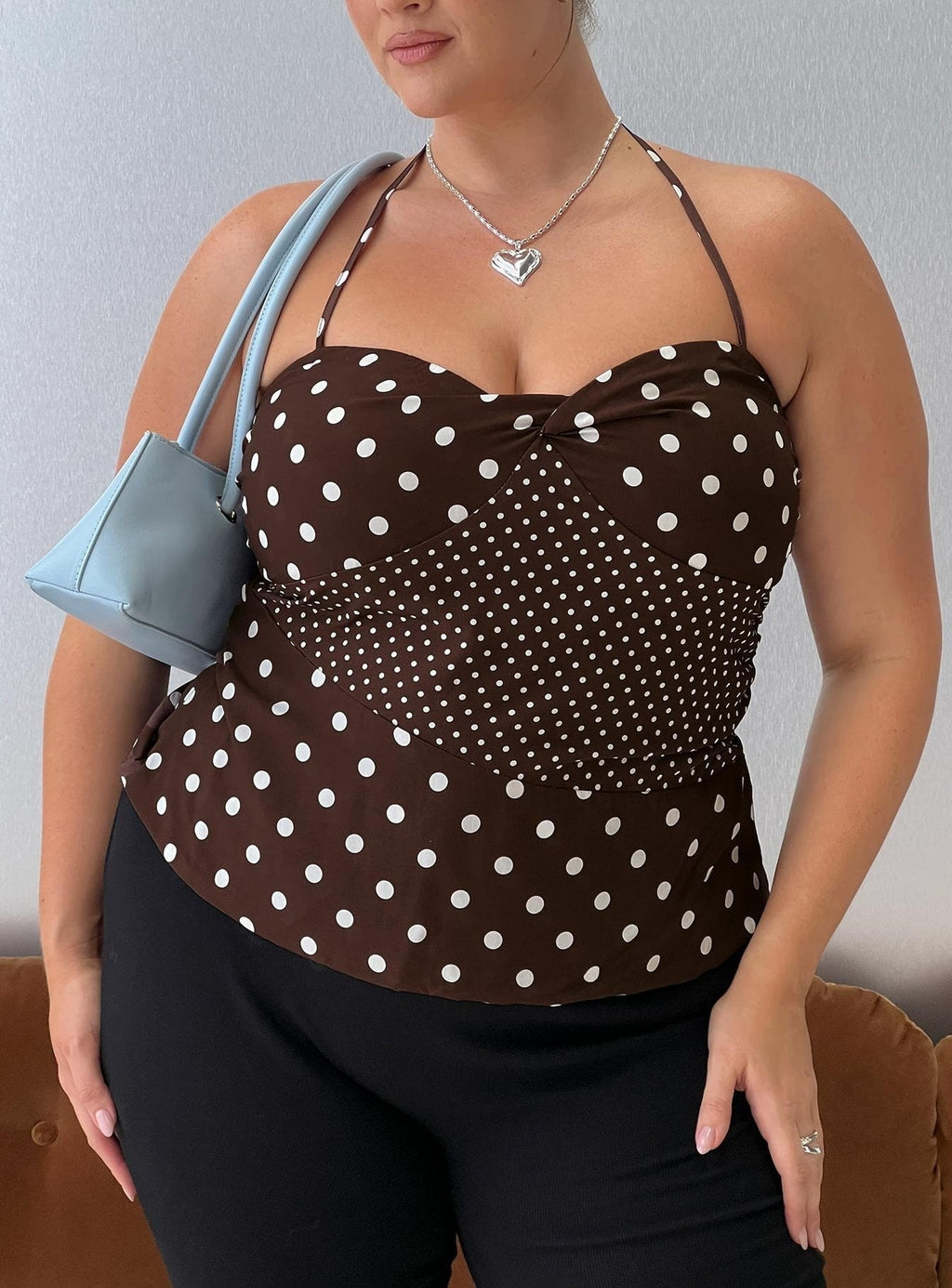 Marguerite Halter Top Brown Polka Curve