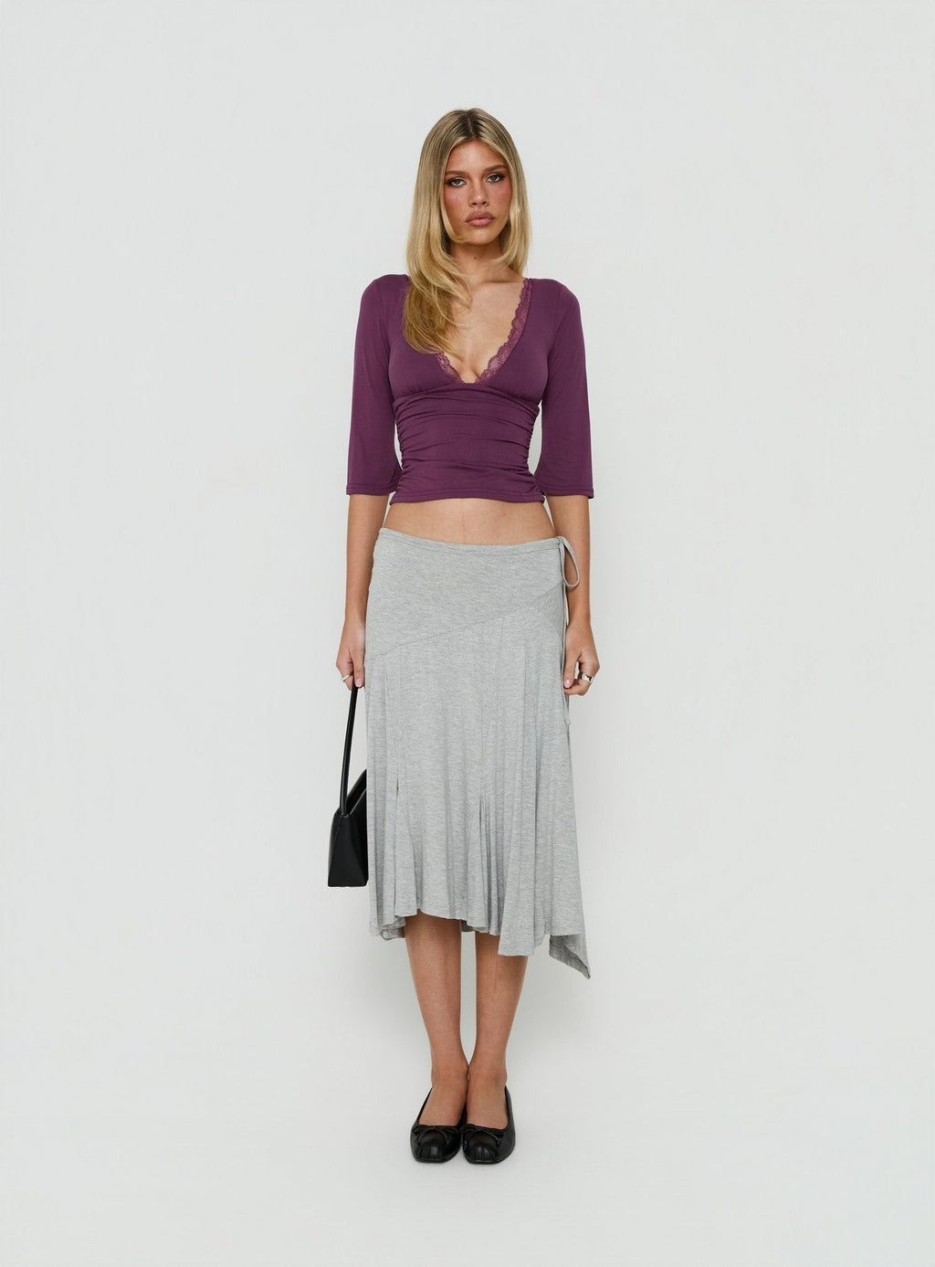 Azmira 3/4 Sleeve Lace Trim Top Plum