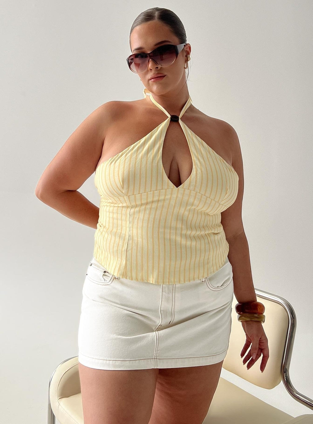 Electric Night Halter Tie Back Top Yellow Stripe Curve