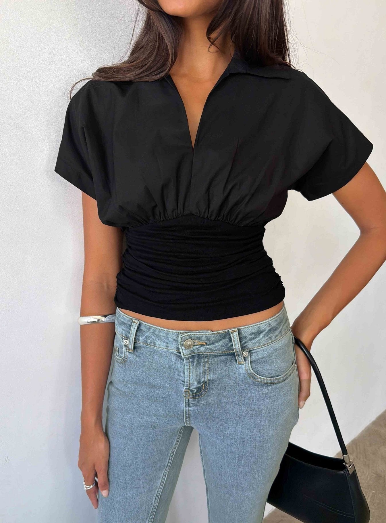 Chalia Ruched Collared Top Black