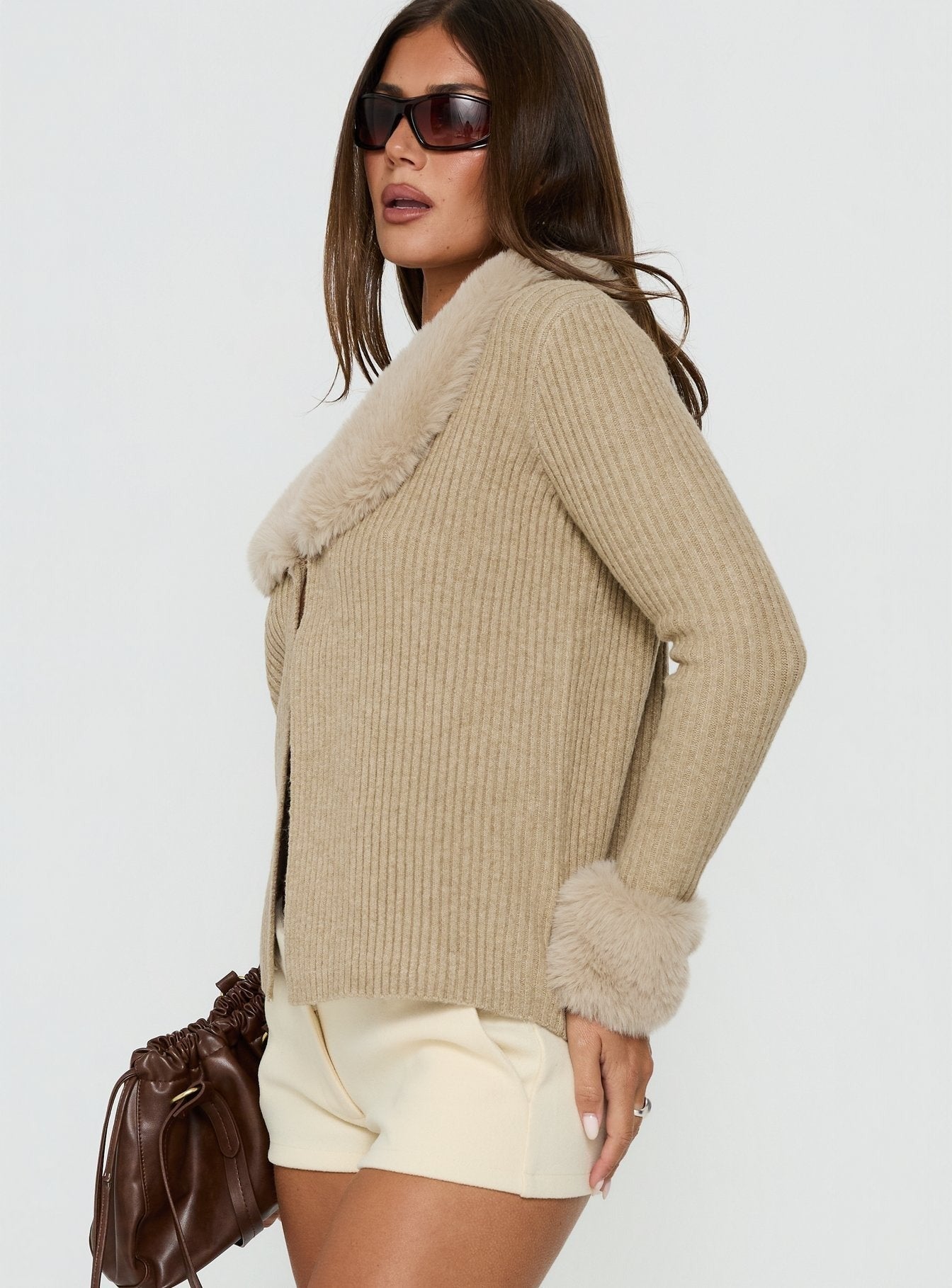 Gisele Faux Fur Trim Long Sleeve Sand