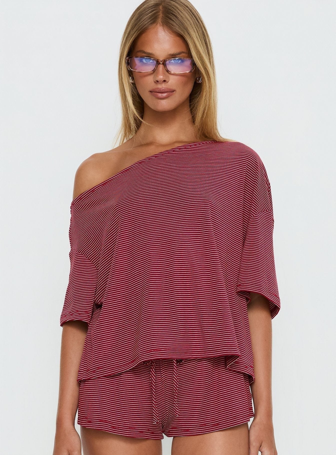 Sugar Surge Off Shoulder Sleep Top Cherry Stripe