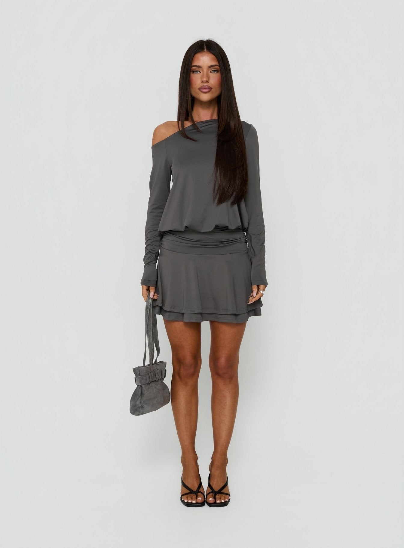 Alyma Tie Back Off Shoulder Mini Dress Charcoal