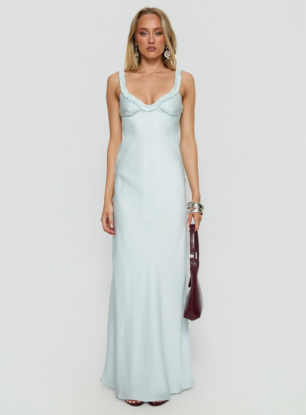 Baley Bias Cut Frill Maxi Dress Blue