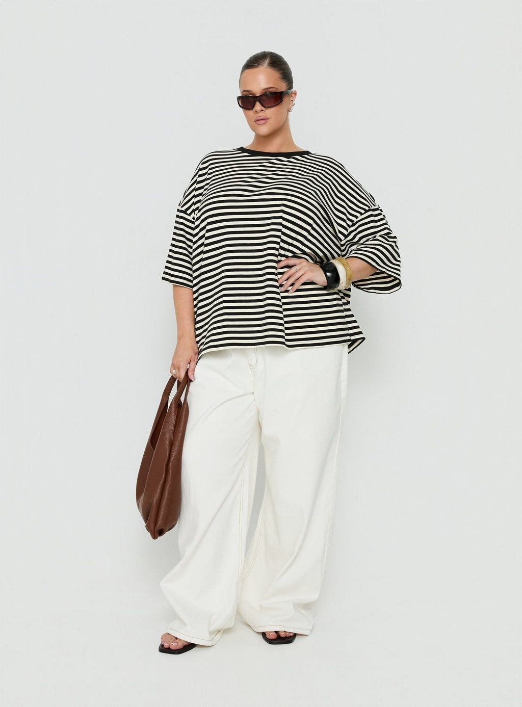 Settle Down Short Sleeve Top Black / White Stripe Curve