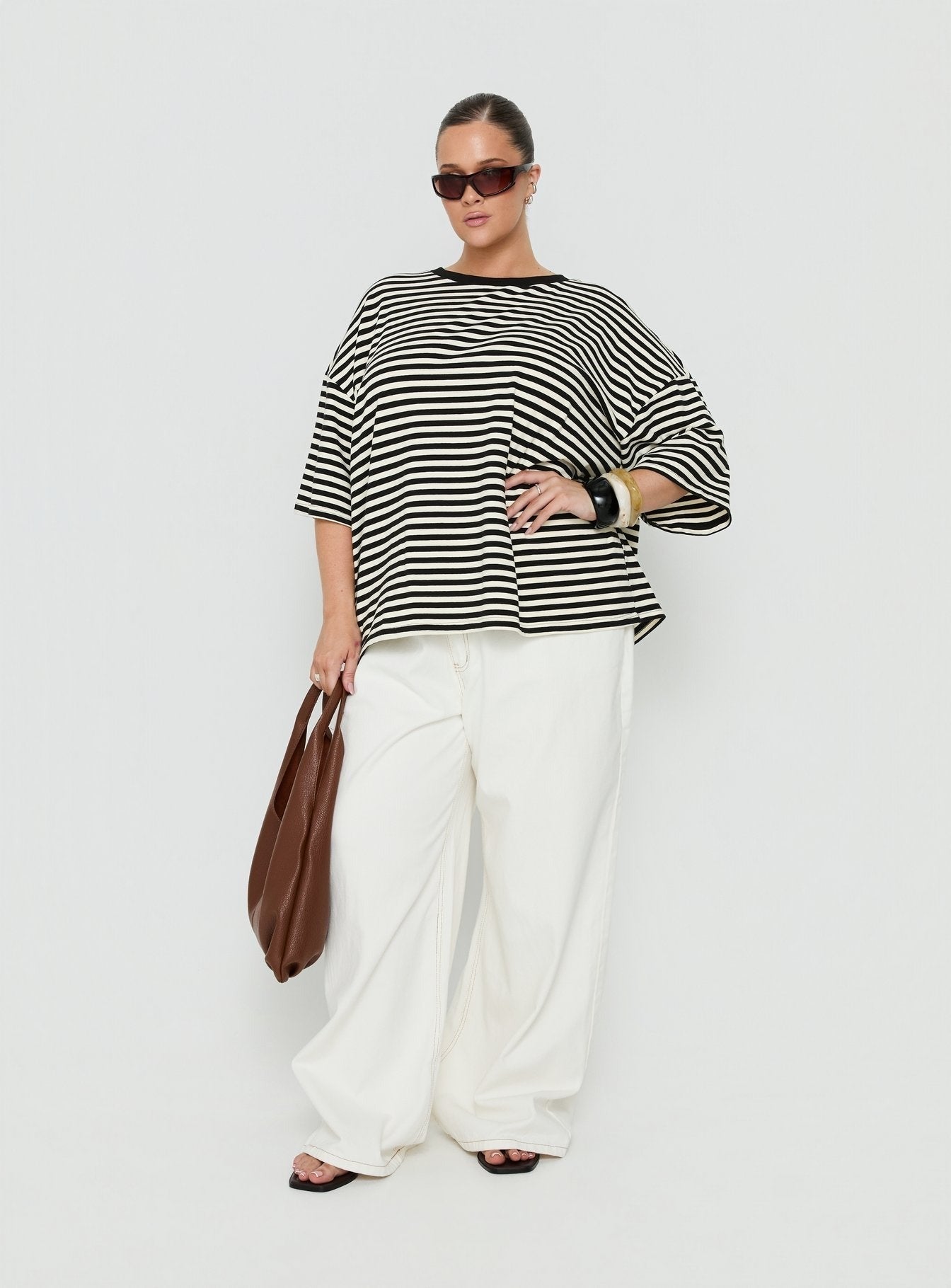 Settle Down Short Sleeve Top Black / White Stripe Curve