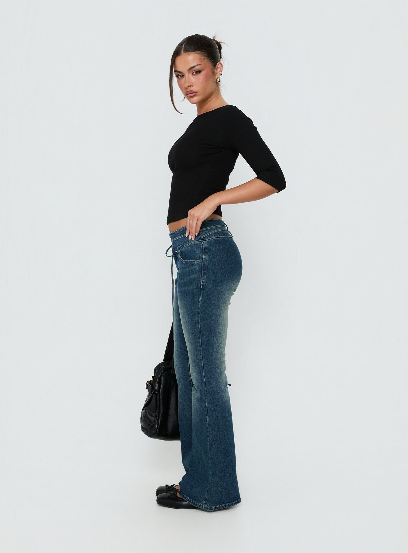 Runa Low Rise Bootleg Tie Side Jeans Mid Blue Wash