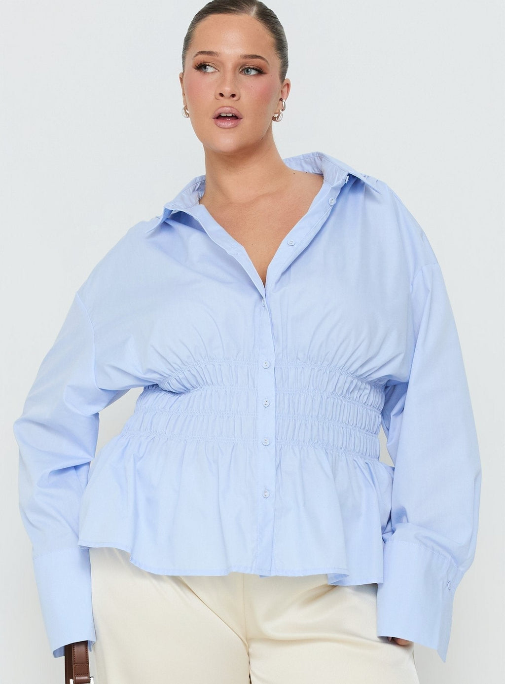 As You Are Shirred Button Up Top Soft Blue Curve