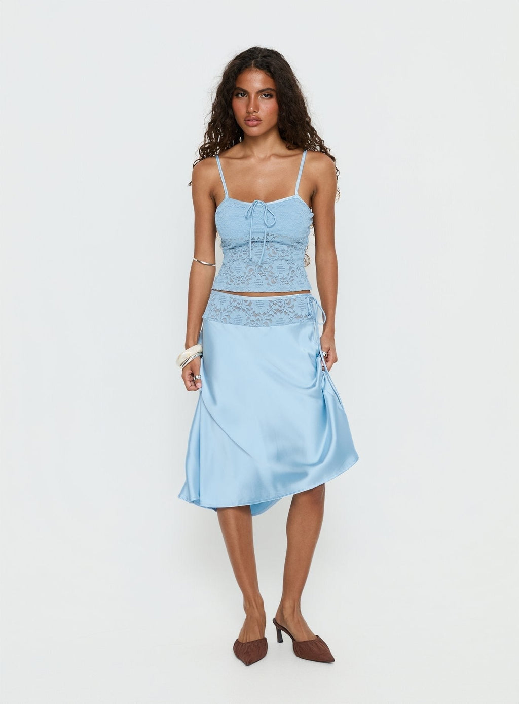 Evlin Lace Detail Satin Midi Skirt Blue