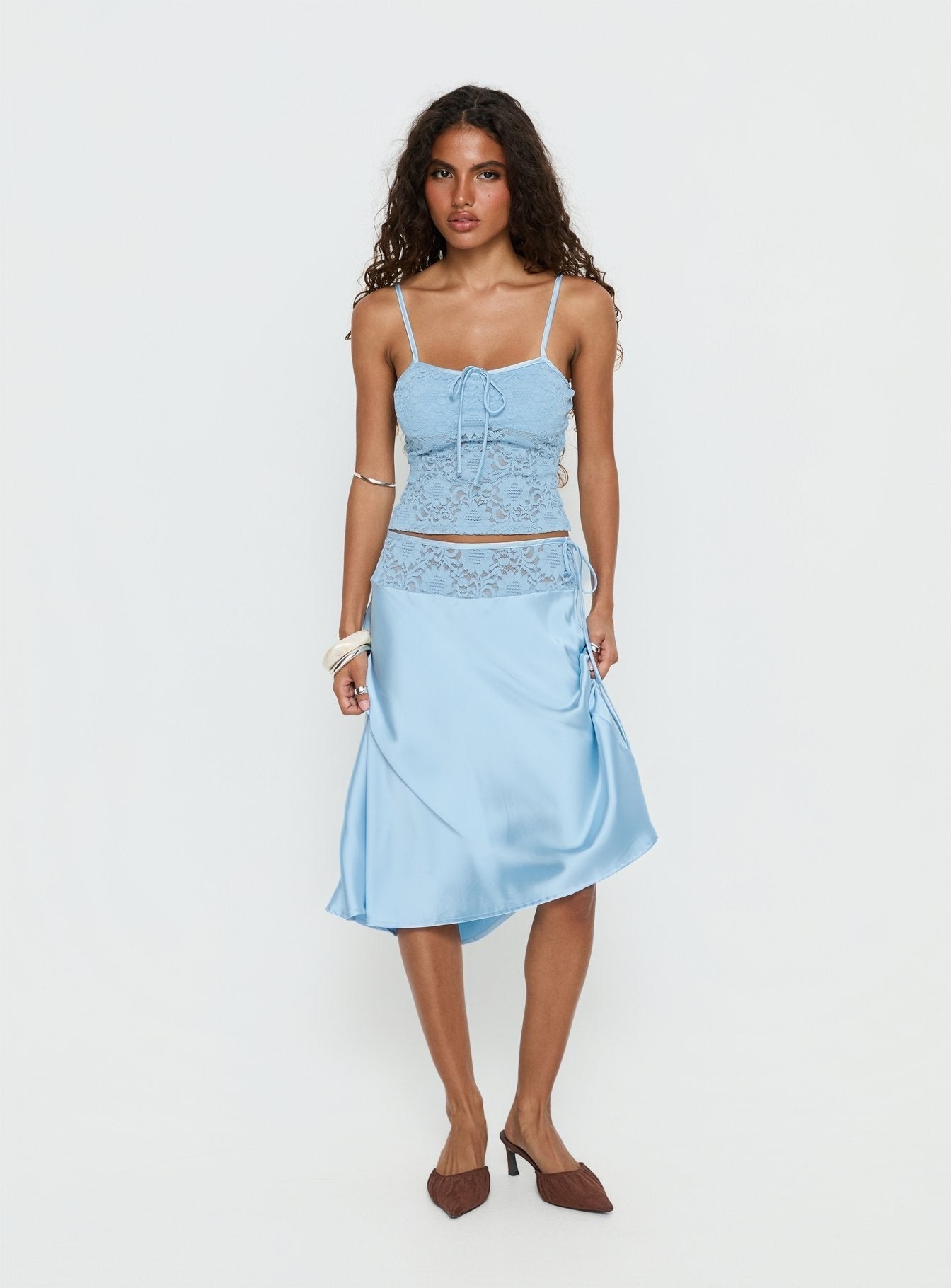 Evlin Lace Detail Satin Midi Skirt Blue