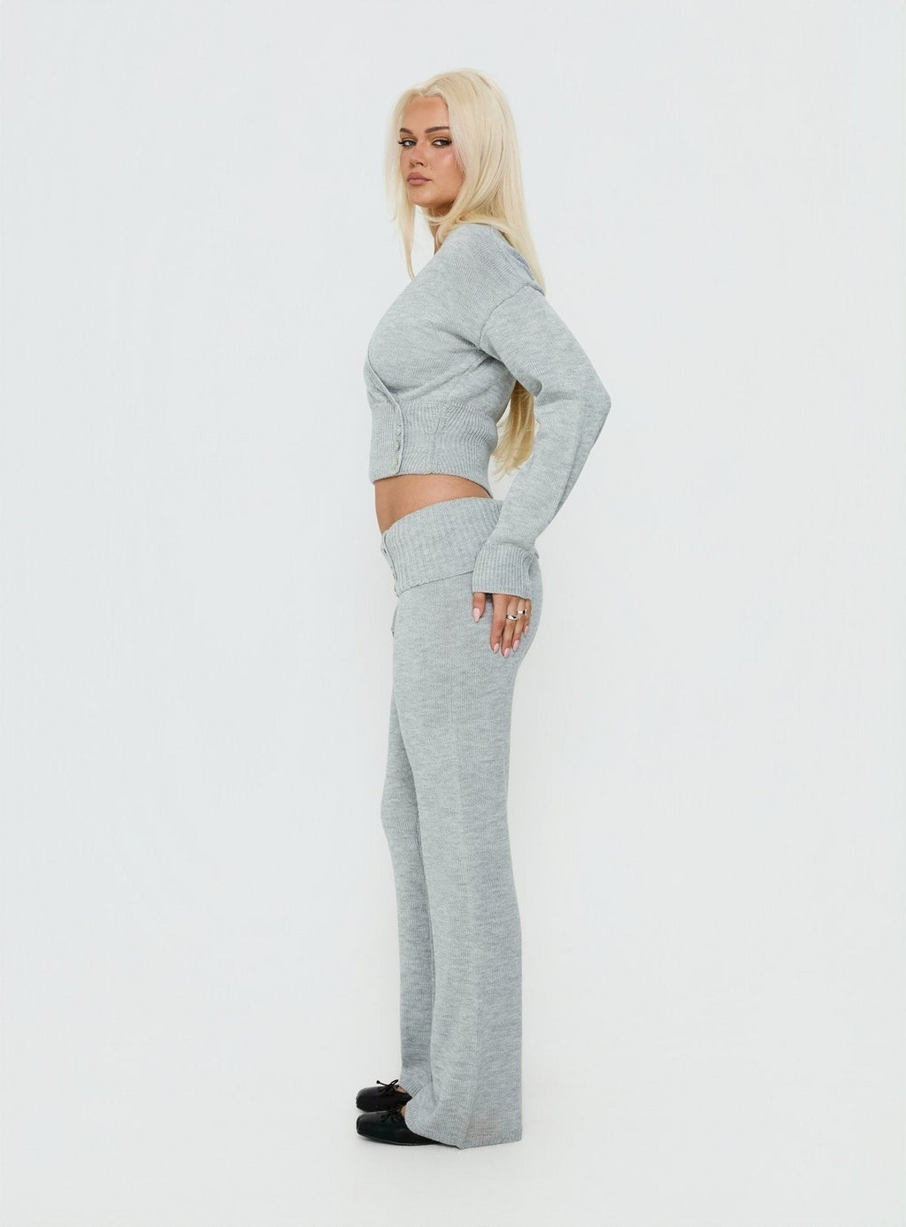 Odeline Fold Over Knit Pants Grey Marle