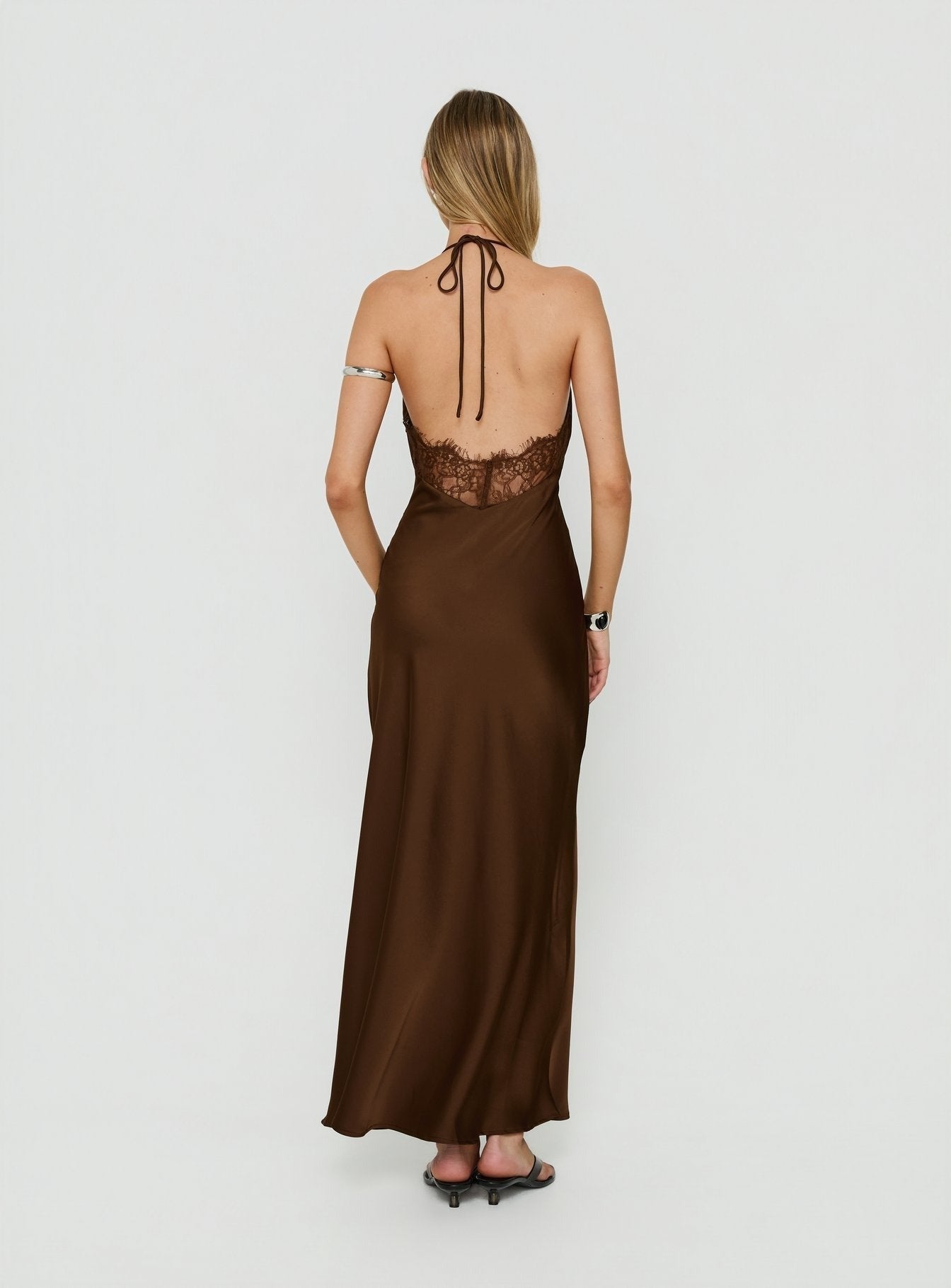 Adamaria Plunge Halter Lace Trim Maxi Dress Chocolate