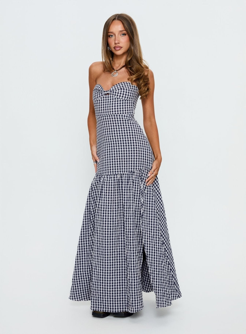 Luckystar Strapless Sweetheart Maxi Dress Navy Gingham