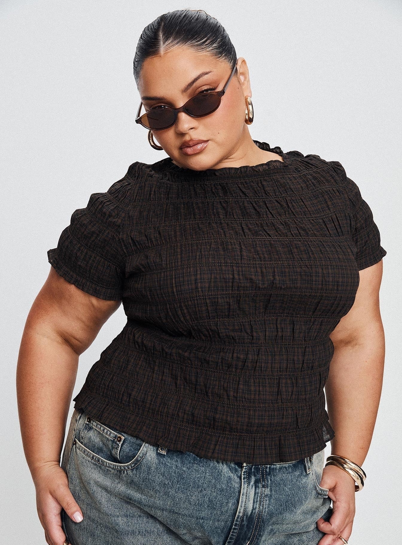 Romelle Shirred Top Black / Brown Plaid