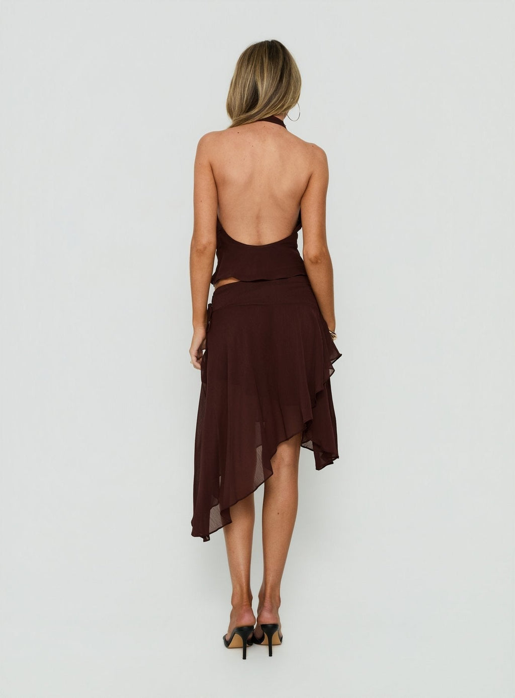 Evaleine Asymmetrical Chiffon Midi Skirt Chocolate