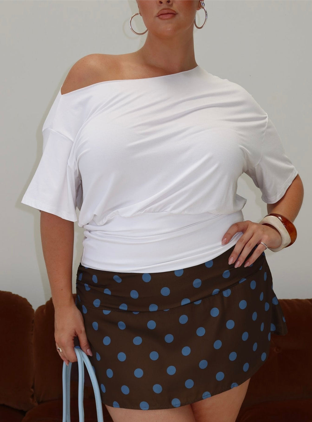 Elicia Ruched Mini Skirt Brown / Blue Polka Dot Curve