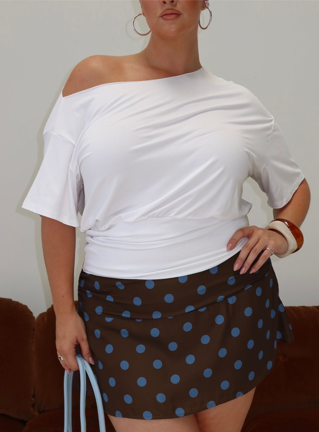 Elicia Ruched Mini Skirt Brown / Blue Polka Dot Curve