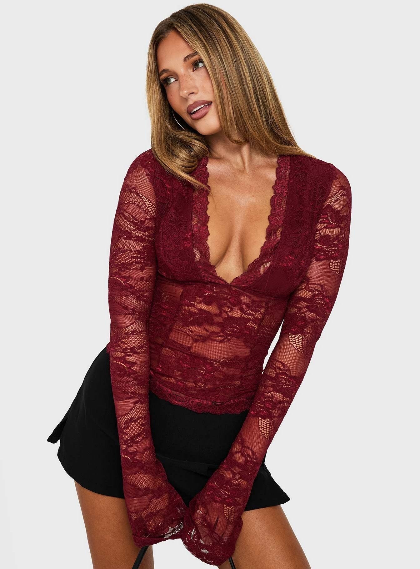 Kecia Long Sleeve Lace Top Burgundy