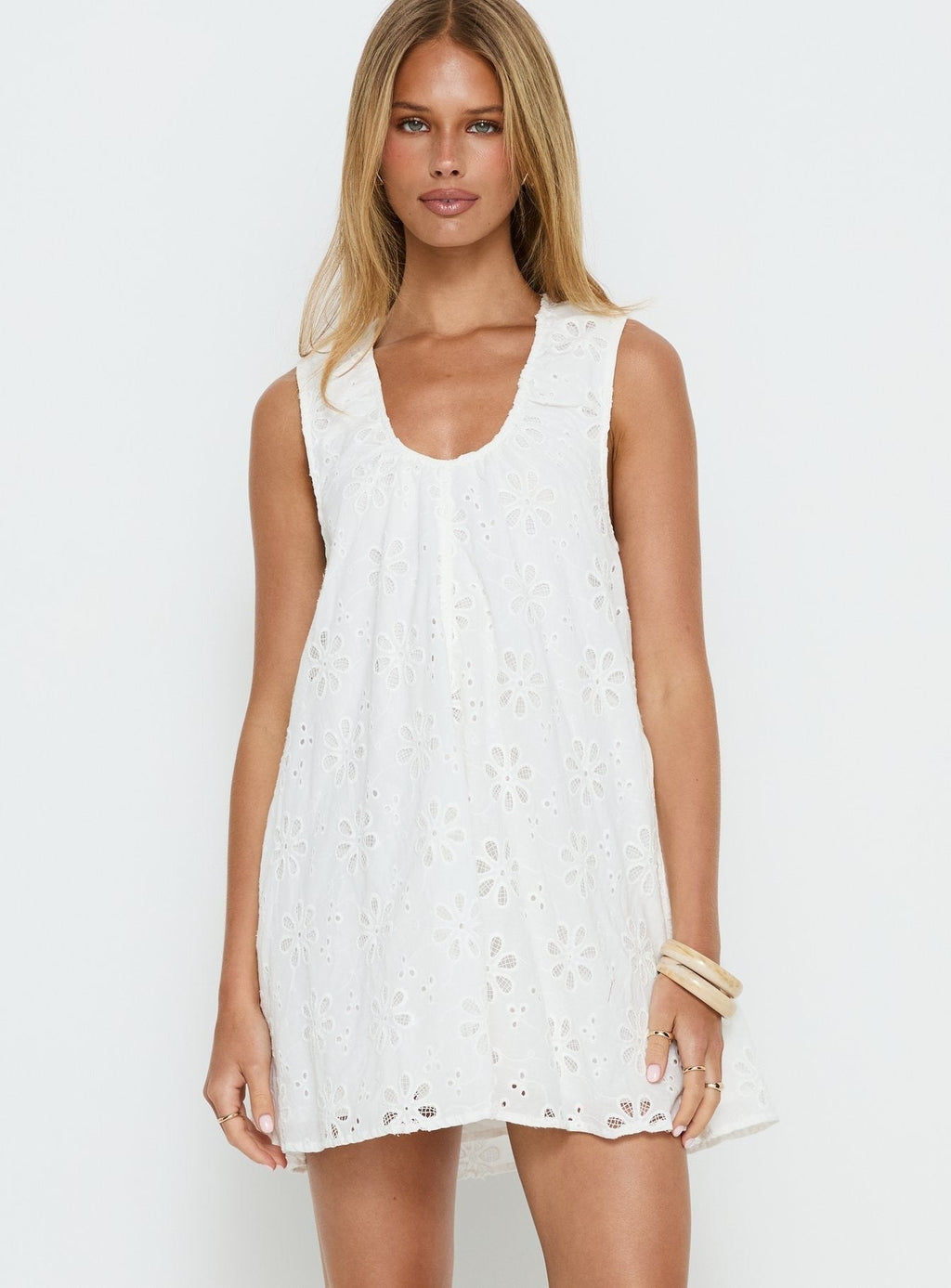 Eberta Ruched Baby Doll Mini Dress White Anglaise