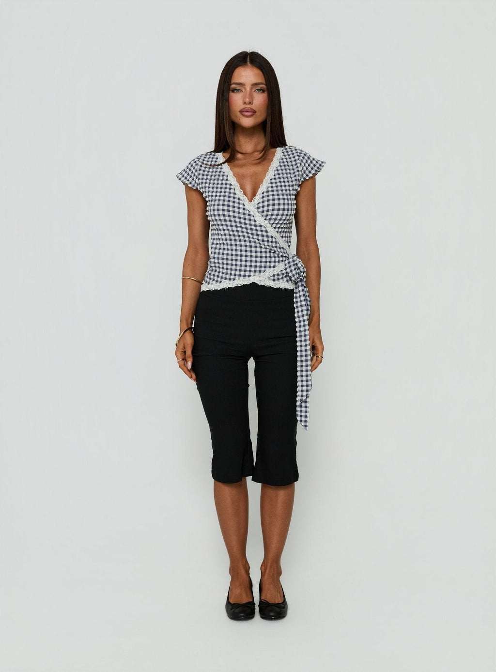 Meltwater Lace Trim Wrap Detail Top Navy Check