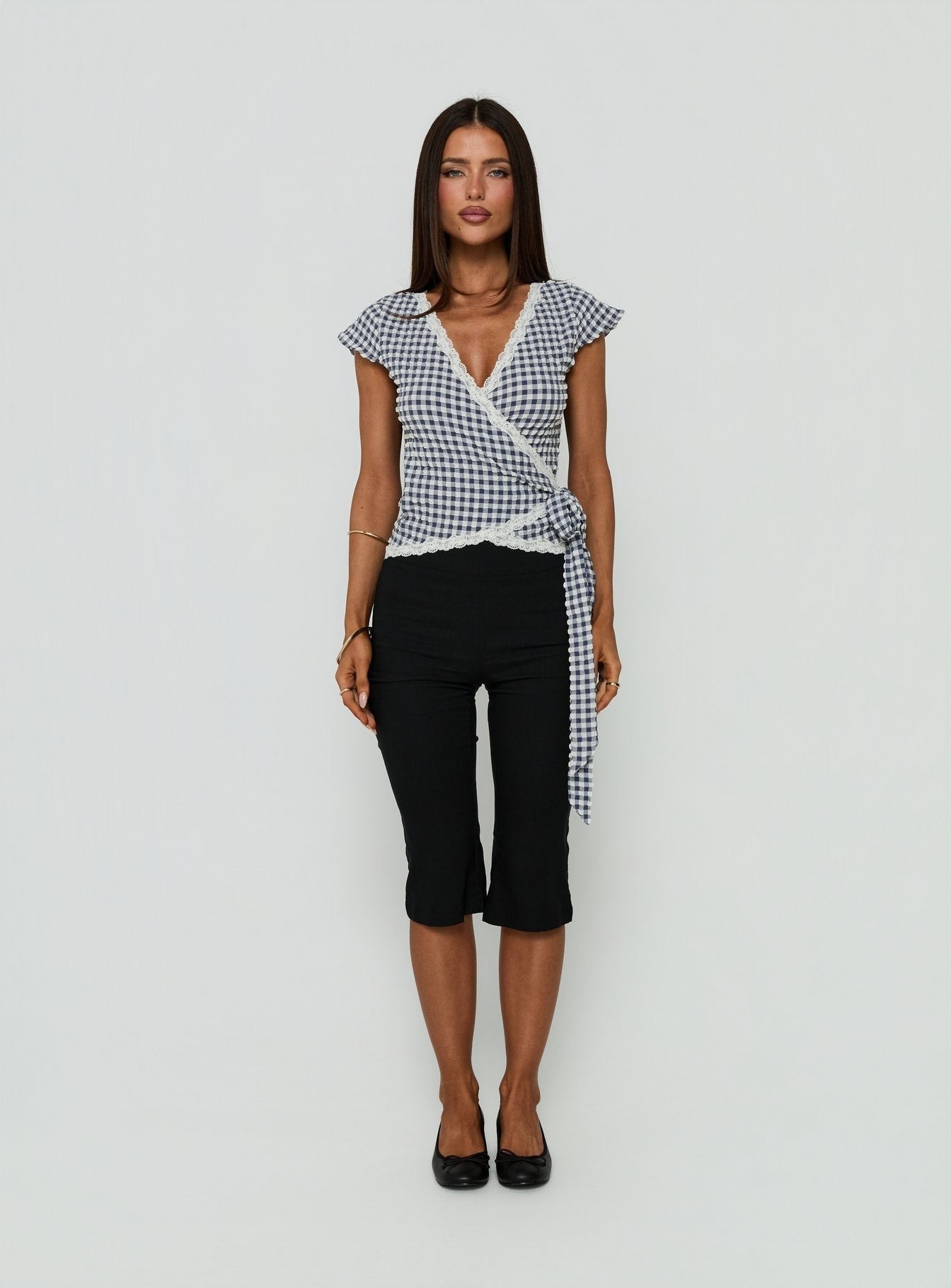 Meltwater Lace Trim Wrap Detail Top Navy Check