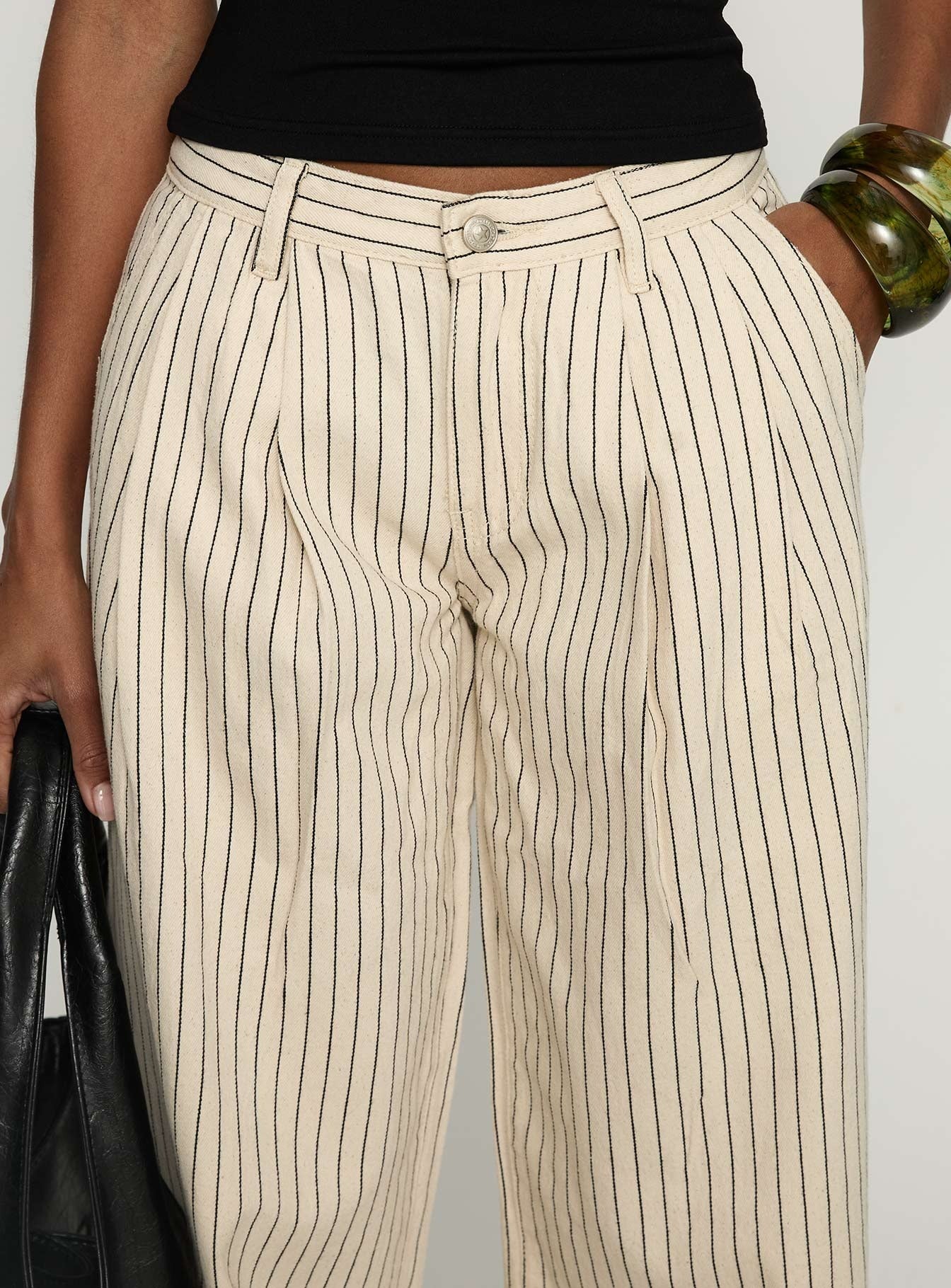 Frankee Wide Leg Mid Rise Denim Jeans Cream Stripe