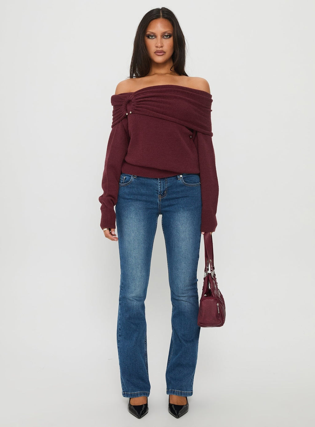 Viora Off Shoulder Knit Sweater Wine