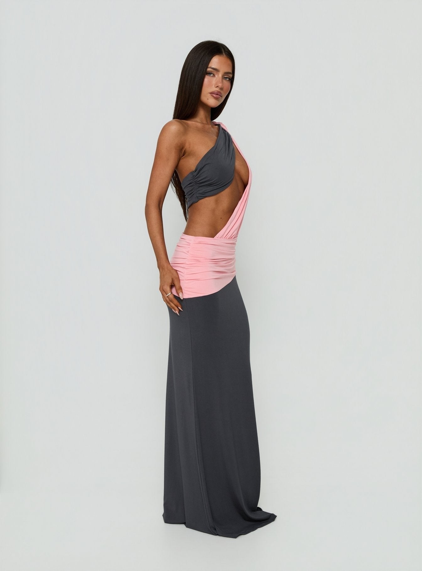 Loletta Draped One Shoulder Maxi Dress Charcoal / Pink