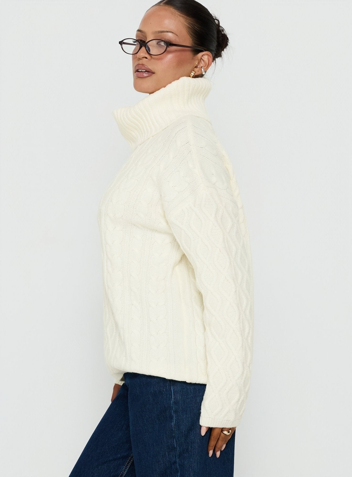 Delah Cable Knit Roll Neck Jumper Cream