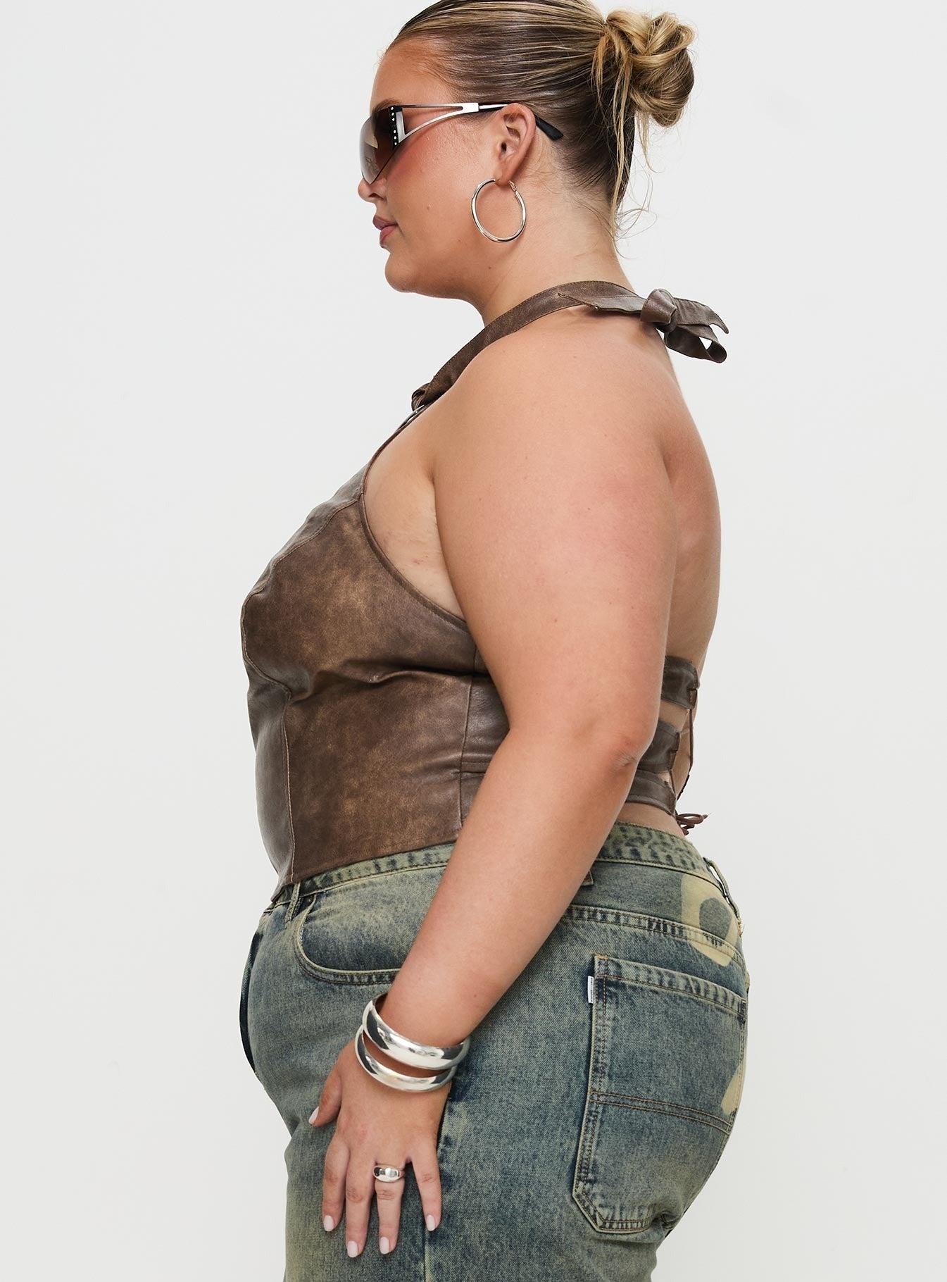Treat You Better Ring Detail Faux Leather Top Brown Curve