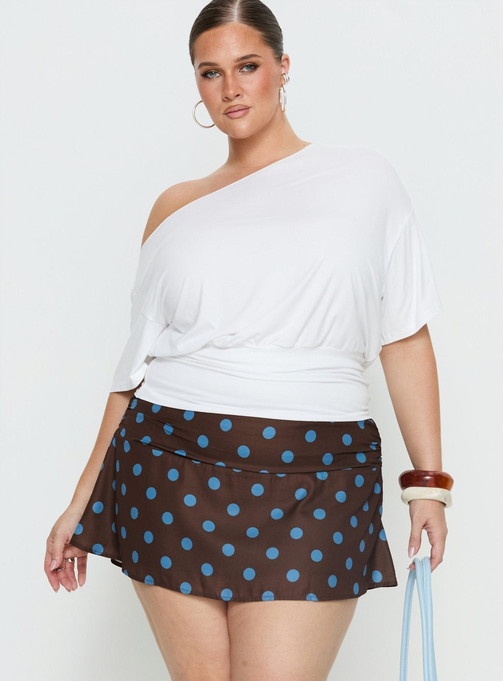 Elicia Ruched Mini Skirt Brown / Blue Polka Dot Curve