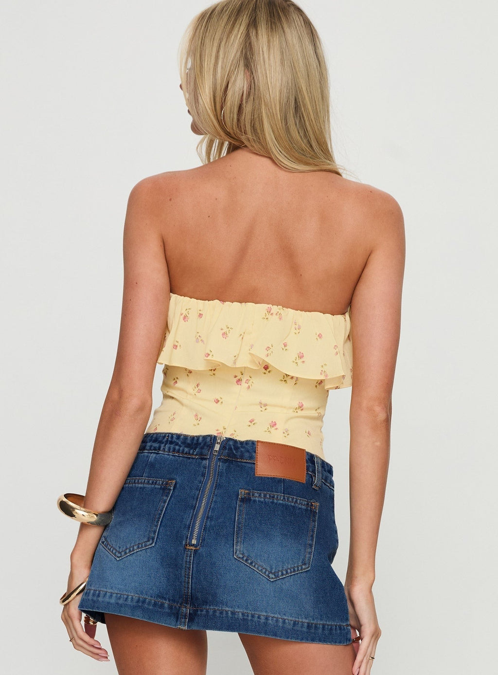 Ursella Strapless Frill Detail Top Yellow Floral