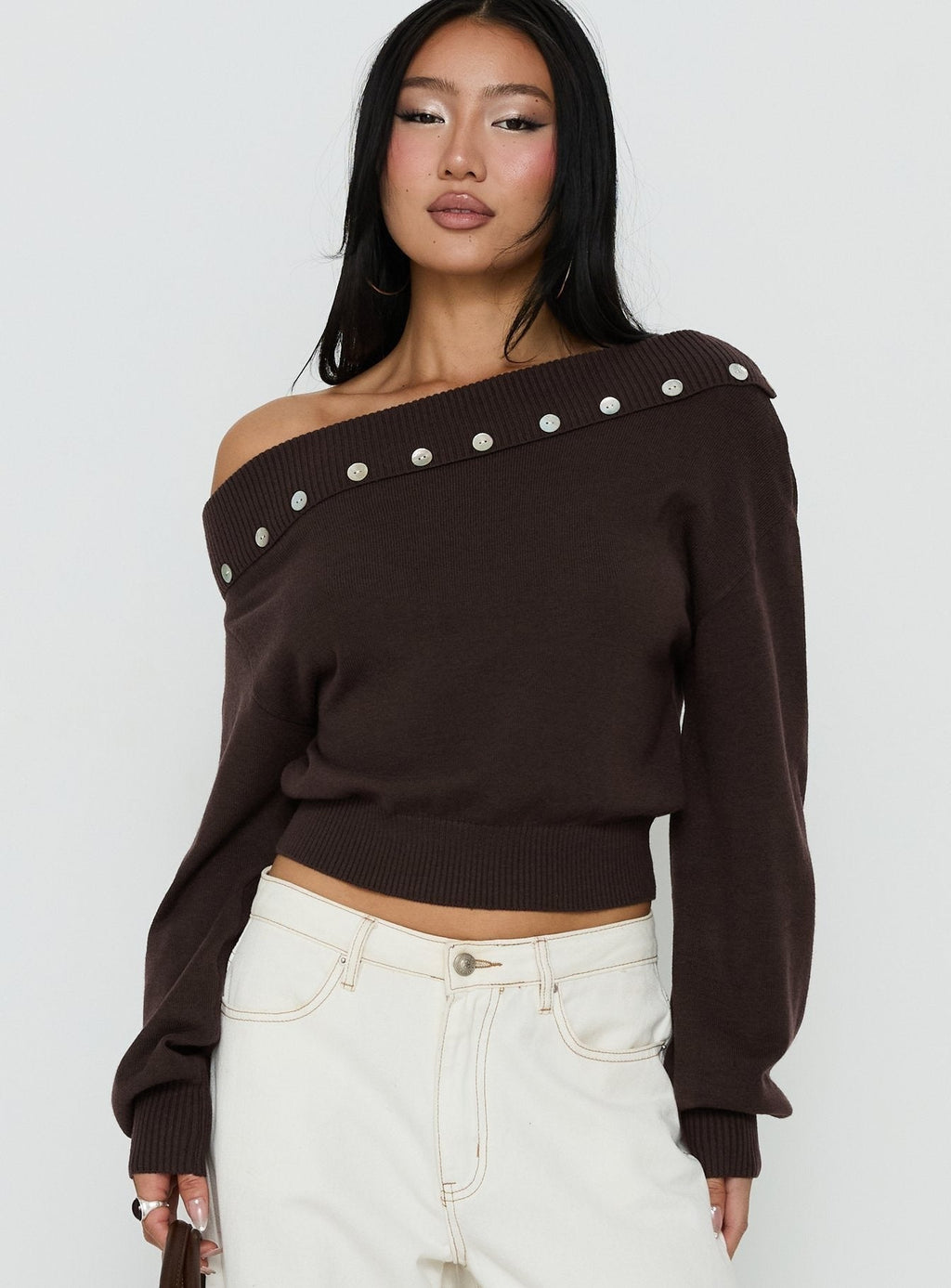 Kloud Off Shoulder Foldover Sweater Brown