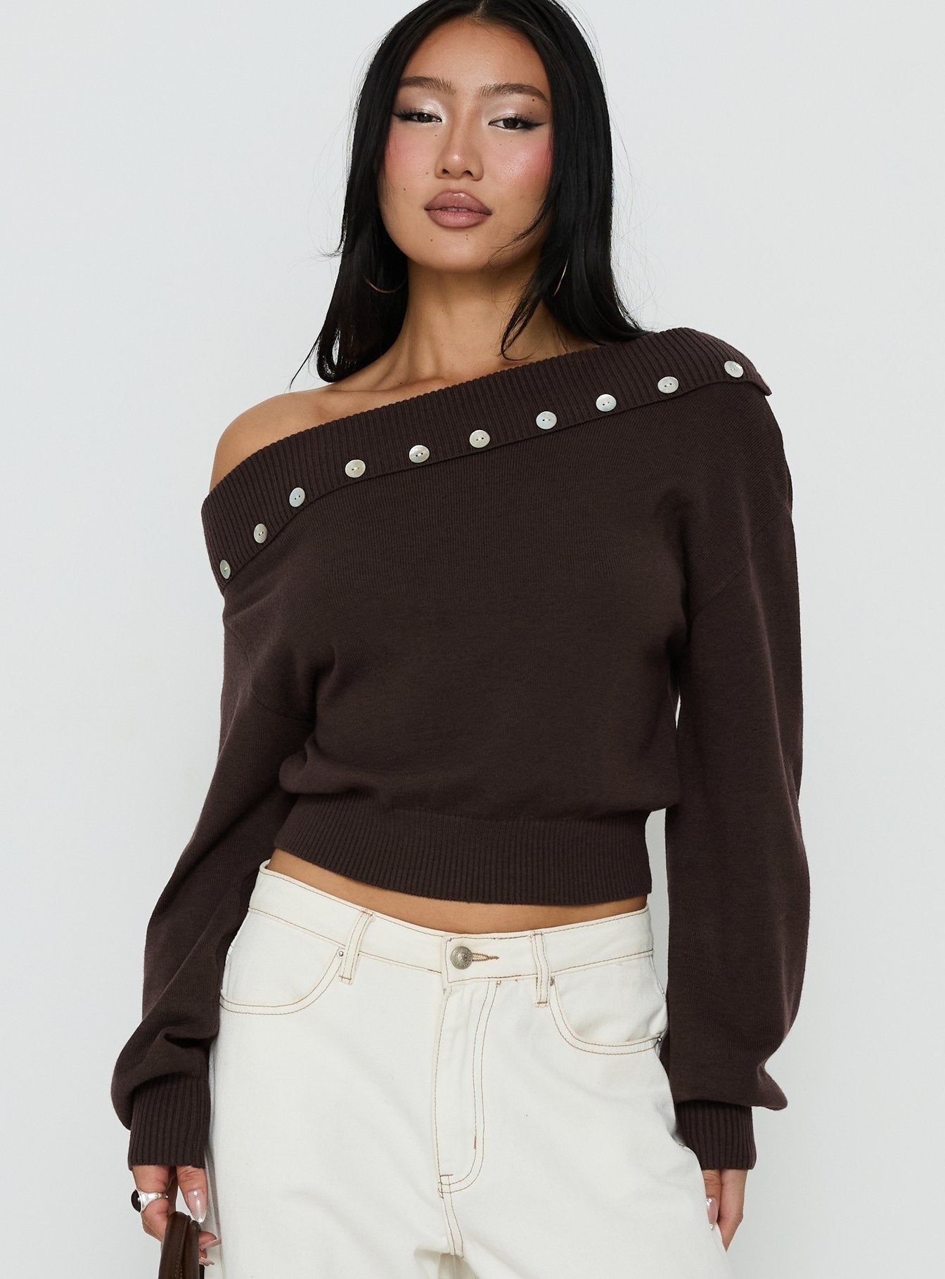 Kloud Off Shoulder Foldover Sweater Brown