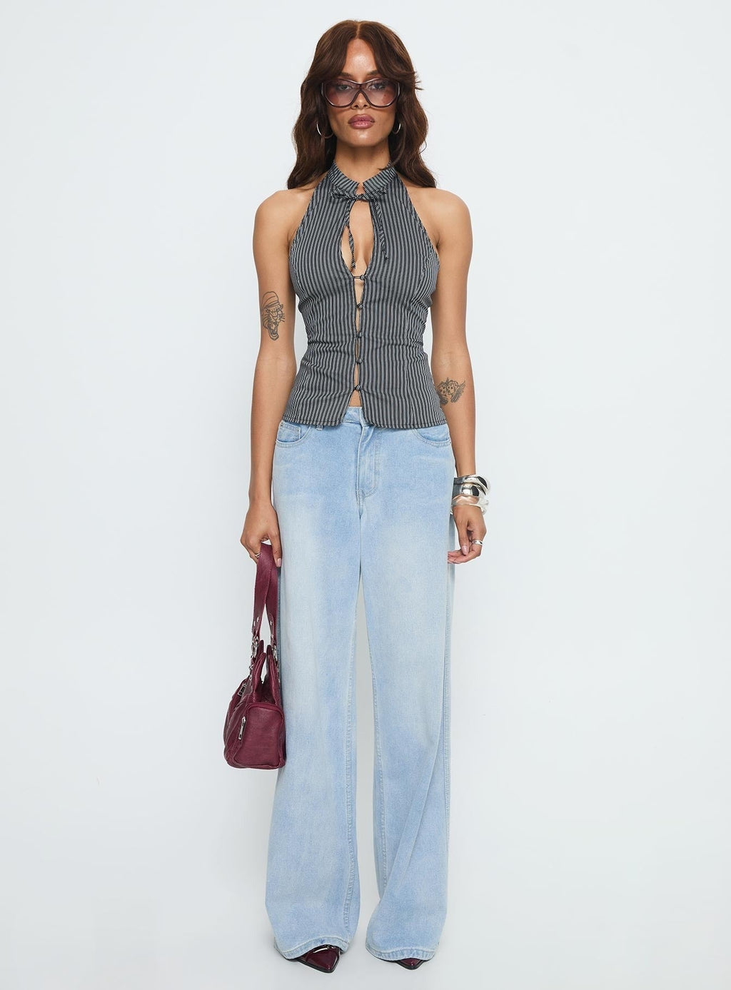 Tiarra Keyhole Sleeveless Top Black Stripe