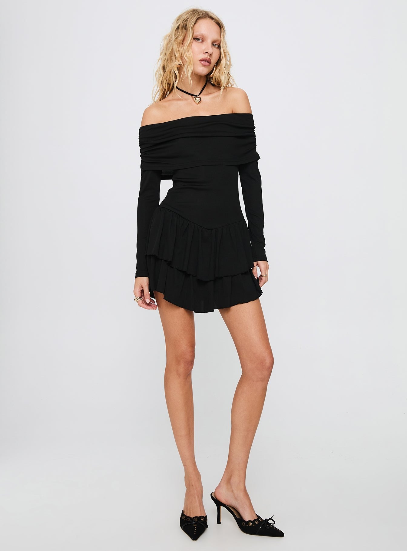 Wispy Long Sleeve Off Shoulder Playsuit Black
