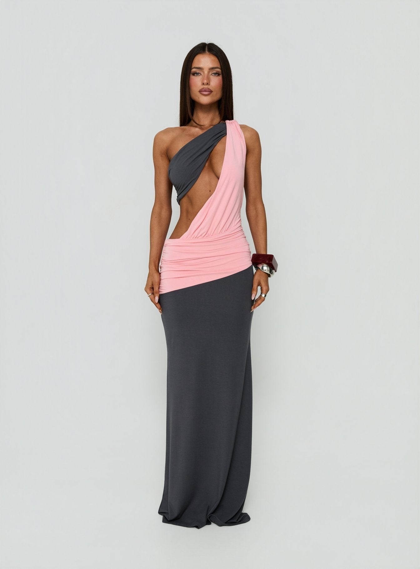 Loletta Draped One Shoulder Maxi Dress Charcoal / Pink