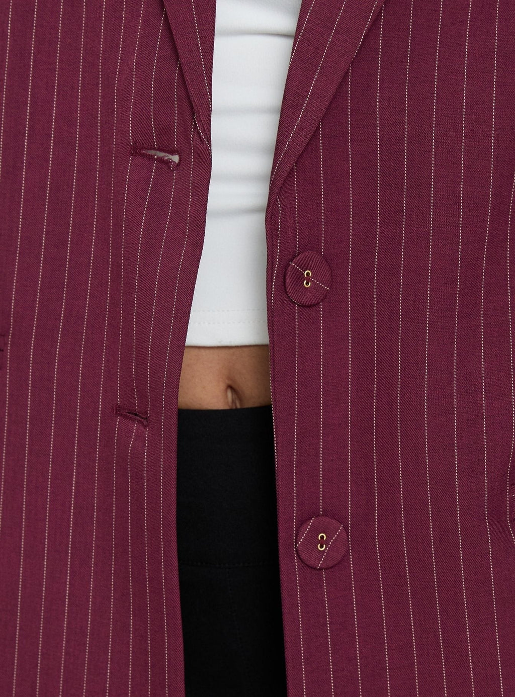 Crowd Pleaser Pinstripe Oversized Blazer Burgundy Pinstripe