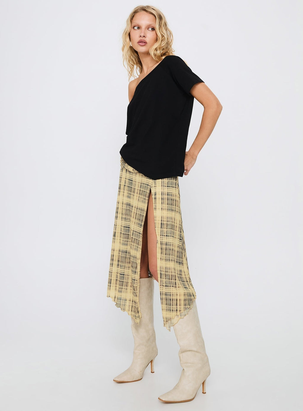 Rhaina Draped Asymmetrical Midi Skirt Yellow Check