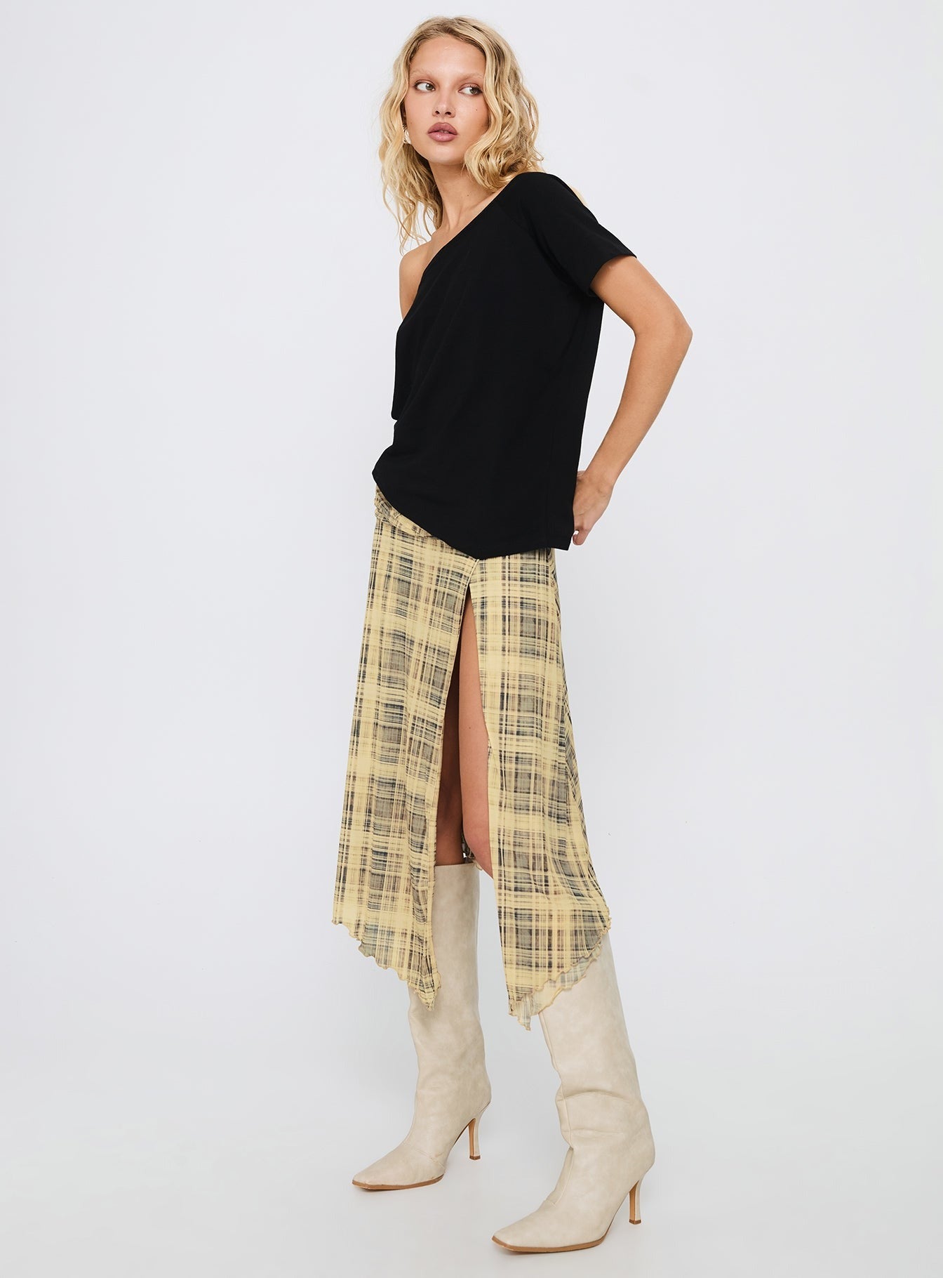 Rhaina Draped Asymmetrical Midi Skirt Yellow Check