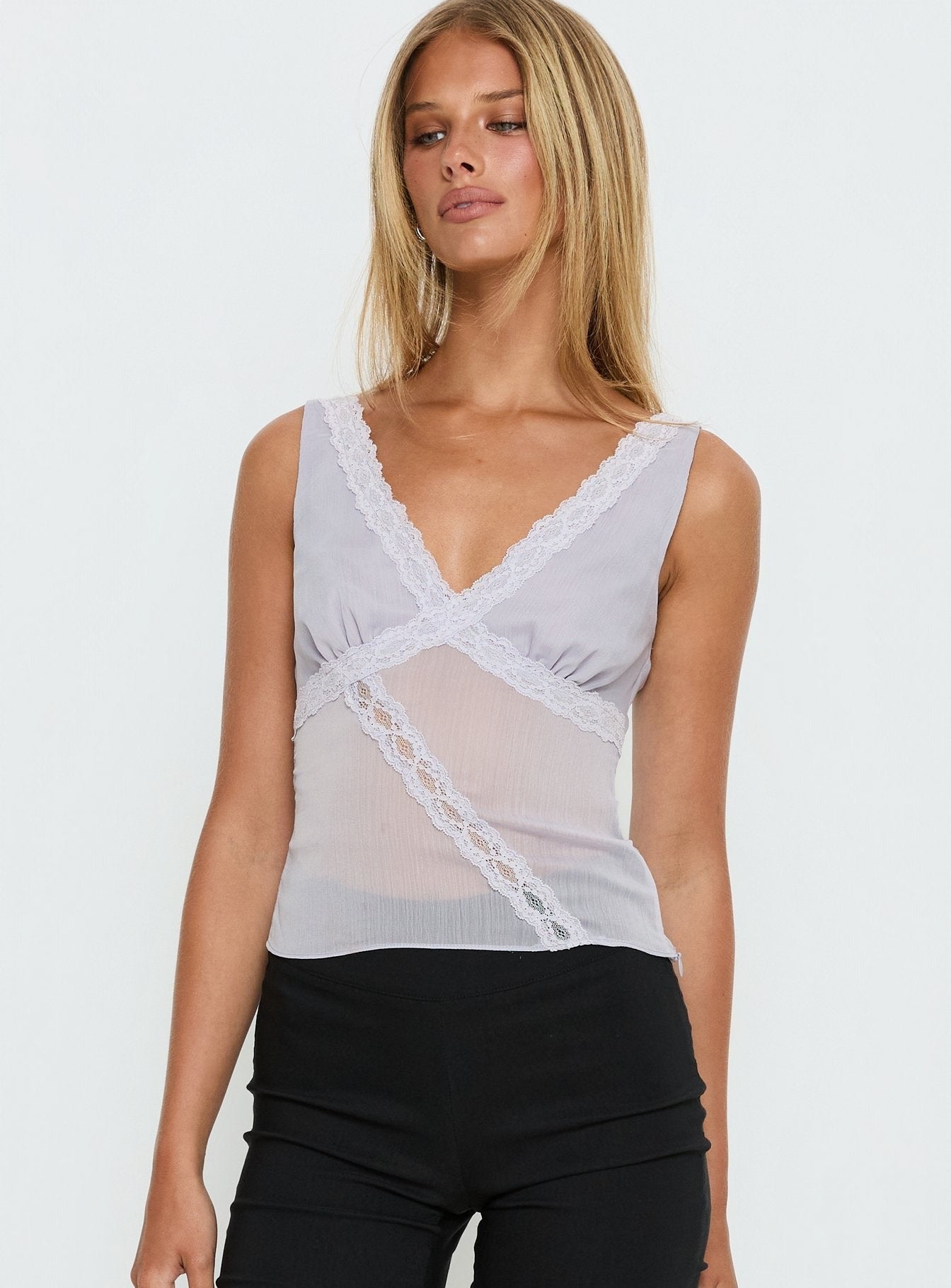 No Place Like Home Lace Trim V-Neck Top Lilac