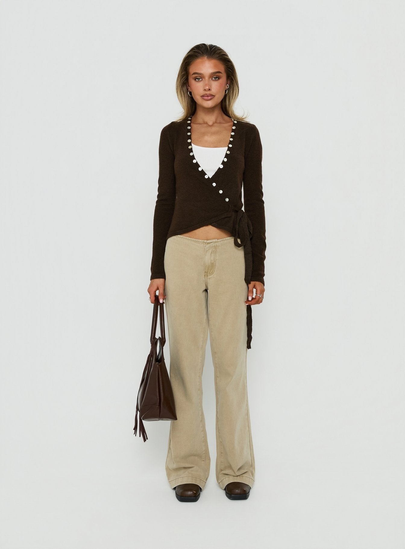 Edella Wrap Knit Button Sweater Brown